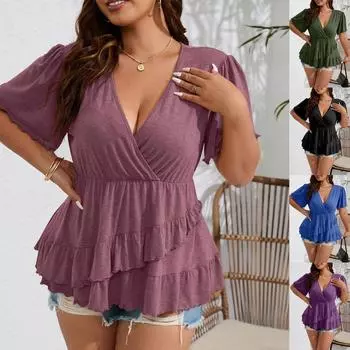 Весенне-летняя модная однотонная свободная футболка с v-образным вырезом, юбка с короткими рукавами, пуловер с рюшами, топ 5XL чёрный