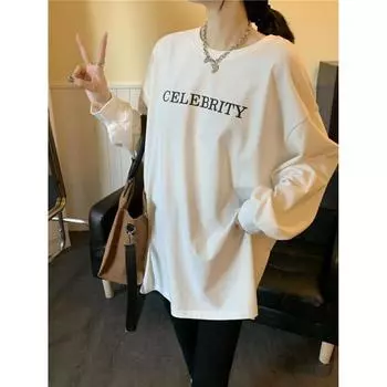 Весенне-летняя модная женская свободная футболка с подкладкой, футболка с длинными рукавами, женский повседневный топ XXL белый