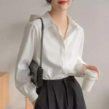 Весенне-летняя модная женская свободная однотонная шифоновая блузка с длинным рукавом, топы, женские повседневные рубашки, офисная женская официальная рубашка L белый