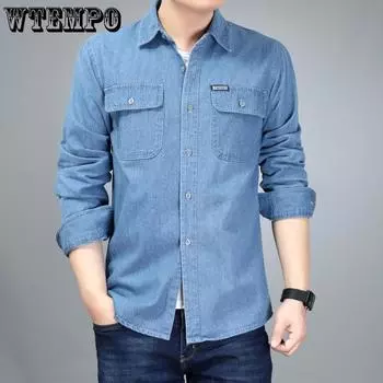 Весенне-летняя мужская джинсовая рубашка-рубашка с длинными рукавами, хлопковые комбинезоны, мужская футболка больших размеров M темно-синий