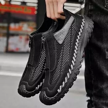 Весенне-летняя мужская обувь из дышащей сетки для спорта на открытом воздухе, отдыха на пляже, с отверстиями на молнии спереди, сандалии большого размера 38