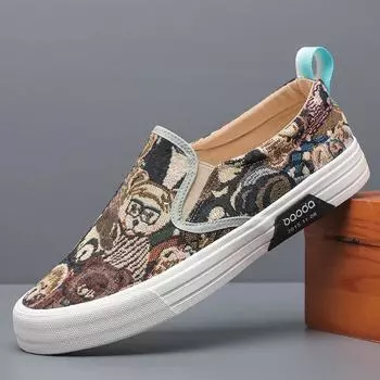 Весенне-летняя мужская обувь, парусиновая повседневная обувь, модная обувь для скейтборда на плоской подошве с принтом медведя, молодежные трендовые лоферы без шнуровки 38 бежевый