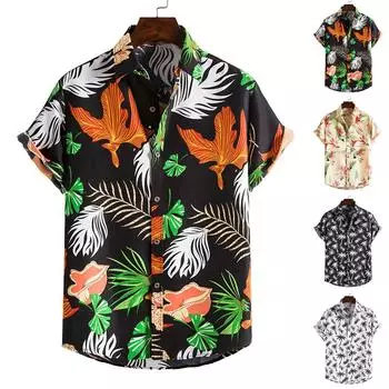 Весенне-летняя мужская пляжная рубашка Гавайская рубашка с короткими рукавами и цветочным узором XXXL бежевый