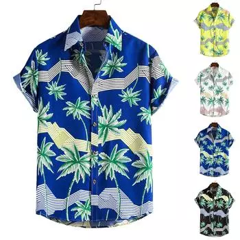 Весенне-летняя мужская пляжная рубашка Гавайская рубашка с короткими рукавами и цветочным узором L жёлтый