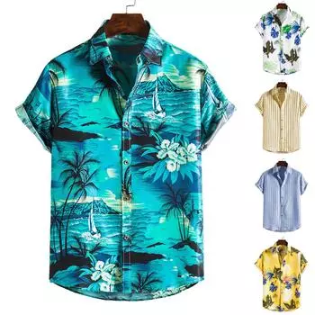 Весенне-летняя мужская пляжная рубашка Гавайская рубашка с короткими рукавами и цветочным узором L бежевый