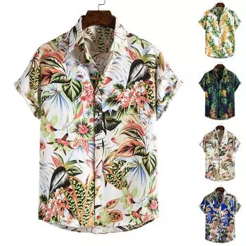Весенне-летняя мужская пляжная рубашка Гавайская рубашка с короткими рукавами и цветочным узором L чёрный