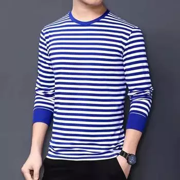 Весенне-летняя мужская повседневная футболка с длинными рукавами в полоску XXXXL синий
