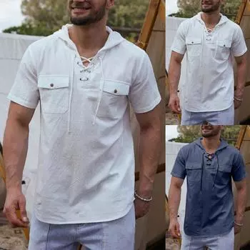 Весенне-летняя мужская повседневная хлопково-льняная однотонная рубашка с короткими рукавами и двойным карманом с капюшоном XL тёмно-синий