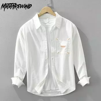 Весенне-летняя мужская рубашка с длинным рукавом, повседневная, 100% хлопок, мягкая и удобная рубашка на пуговицах с карманом, повседневные, простые в стиле, универсальные мужские топы M белый