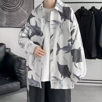 Весенне-летняя мужская рубашка с принтом акулы, однобортный отложной воротник с длинным рукавом, свободная уличная одежда средней длины, мужской топ для отпуска M белый