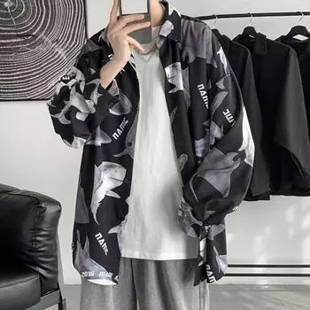 Весенне-летняя мужская рубашка с принтом акулы, однобортный отложной воротник с длинным рукавом, свободная уличная одежда средней длины, мужской топ для отпуска M белый