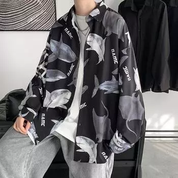 Весенне-летняя мужская рубашка с принтом акулы, однобортный отложной воротник с длинным рукавом, свободная уличная одежда средней длины, мужской топ для отпуска M белый