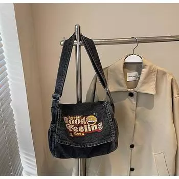 Весенне-летняя новая джинсовая сумка, студенческая, ленивая, повседневная, трендовая, модная, легкая, большой вместимости, на плечо чёрный