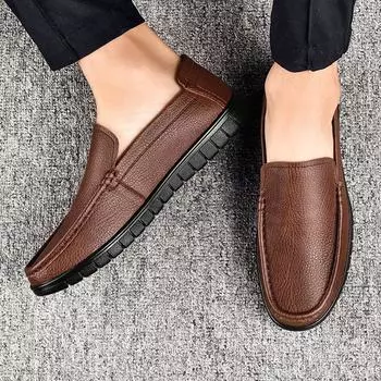 Весенне-летняя новая мужская повседневная кожаная обувь из натуральной кожи без шнуровки в английском стиле Doudou в деловом стиле без шнуровки с мягкой подошвой 38 чёрный