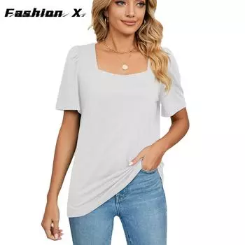 Весенне-летняя новая однотонная свободная футболка с квадратным вырезом и короткими рукавами, вязаные топы женские S чёрный