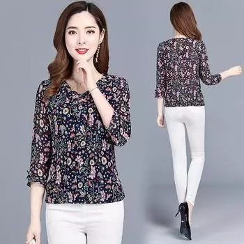 Весенне-летняя новая свободная блузка с рукавами 3/4 и принтом, шифоновая рубашка для мам, топ, женский M-5XL XXXL темно-синий