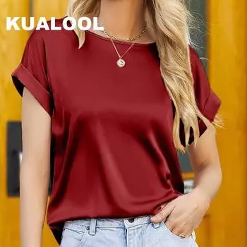 Весенне-летняя новая женская атласная рубашка с короткими рукавами, свободная и повседневная цветная футболка с круглым вырезом для женщин 2XL