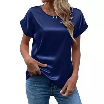 Весенне-летняя новая женская атласная рубашка с коротким рукавом, свободная повседневная женская цветная футболка с круглым вырезом S светло-зеленый