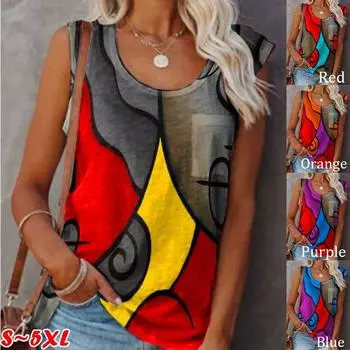Весенне-летняя новая женская футболка без рукавов с вышивкой, блузка с круглым вырезом и принтом, топы больших размеров, 5 цветов 2XL синий