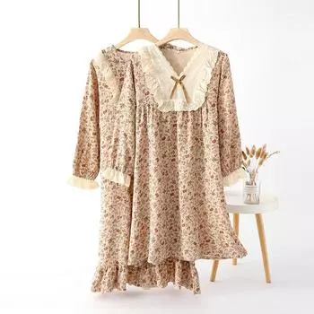 Весенне-летняя новая женская ночная рубашка из 100% хлопкового крепа с длинными рукавами, мягкая и удобная юбка с цветочным принтом для дома M