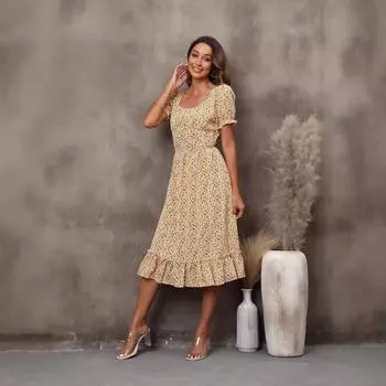 Весенне-летняя новая женская одежда Платье с U-образным вырезом, короткими рукавами и цветочным принтом, открытая спина S жёлтый