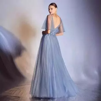 Весенне-летняя новая женская одежда Платье с V-образным вырезом и короткими рукавами, облегающее длинное платье S синий