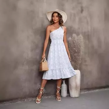 Весенне-летняя новая женская одежда сексуальное платье без рукавов на одно плечо среднее и длинное платье S синий