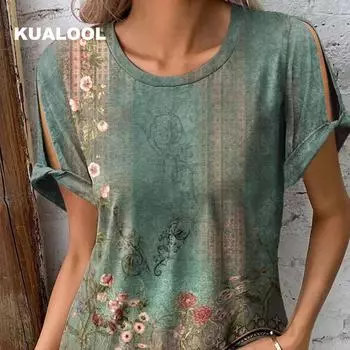 Весенне-летняя новая женская повседневная и удобная футболка с короткими рукавами и принтом в этническом стиле S красный