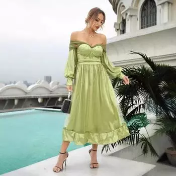 Весенне-летняя новинка для женщин, сексуальный топ-труба и платье с рукавами на плечах S зелёный