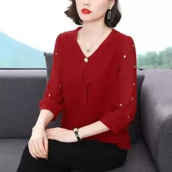 Весенне-летняя новинка с рукавами 3/4, модная блузка для мамы, женская однотонная шифоновая рубашка с v-образным вырезом, M-4XL 4XL красный