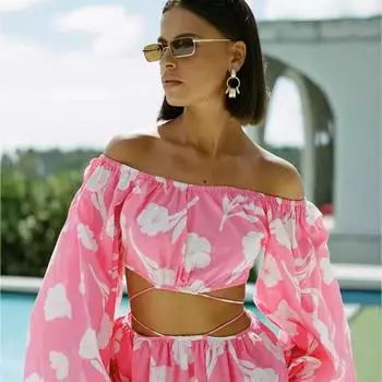 Весенне-летняя новинка женской одежды, новое платье с принтом и длинными рукавами, с одним словом на плече S розовый
