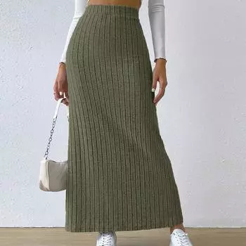 Весенне-летняя облегающая трикотажная юбка с боковым разрезом, женская однотонная элегантная юбка с высокой талией, женская модная повседневная офисная женская юбка 24147 S чёрный