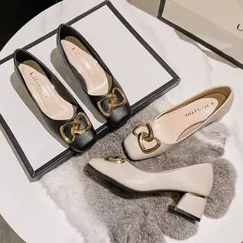 Весенне-летняя обувь для женщин, модные туфли-лодочки, новые туфли на толстом каблуке OL, туфли на высоком каблуке, женские кожаные туфли-лодочки 35-43 35 бежевый