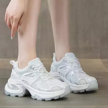 Весенне-летняя обувь, женские модные кроссовки, дышащая сетчатая обувь, увеличивающая рост на 6 см, белые серебристые брендовые женские кроссовки 35 серебряный