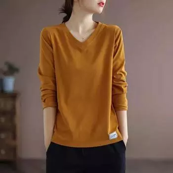 Весенне-летняя однотонная футболка с V-образным вырезом и длинными рукавами, женская футболка больших размеров, свободная верхняя часть рубашки XXXXL белый