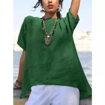 Весенне-летняя однотонная хлопково-льняная рубашка, повседневная блузка с неровным подолом и короткими рукавами, свободный топ с круглым вырезом для женщин M ярко-розовый