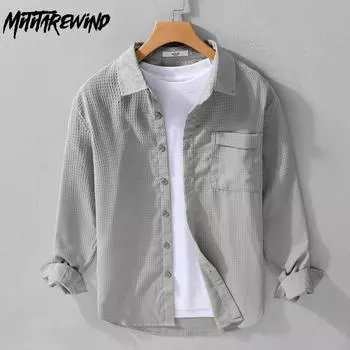 Весенне-летняя однотонная мужская рубашка с длинным рукавом и карманом, повседневная рубашка с отложным воротником, вафельная текстурированная рубашка, простой стиль, мужская одежда M белый