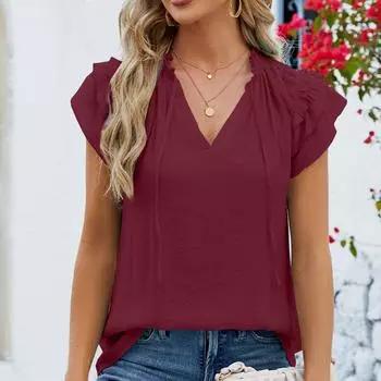 Весенне-летняя однотонная плиссированная блузка с v-образным вырезом и завязками, повседневная женская верхняя одежда с оборками и повязками, короткий рукав M чёрный