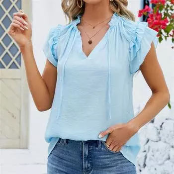 Весенне-летняя однотонная плиссированная блузка с v-образным вырезом и завязками, повседневная женская верхняя одежда с оборками и повязками, короткий рукав M чёрный