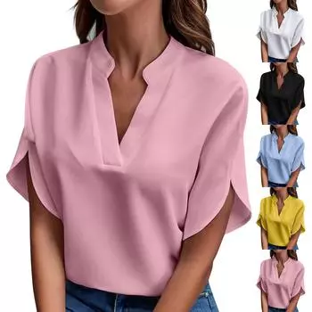 Весенне-летняя однотонная повседневная универсальная пуловерная рубашка с короткими рукавами и v-образным вырезом L чёрный