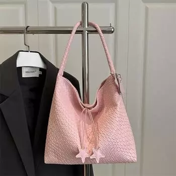 Весенне-летняя плетеная сумка-тоут, большая вместимость, переносная сумка через плечо, модная сумка-ведро, прилив розовый