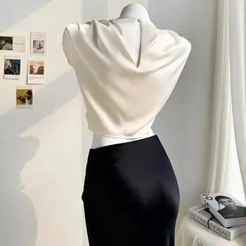 Весенне-летняя плиссированная атласная рубашка, цветная шелковая короткая рубашка XS белый