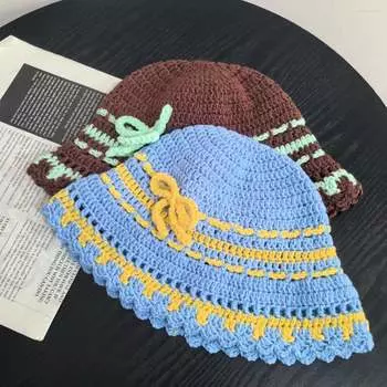 Весенне-летняя повседневная шапка-горшок, вязаная шляпа-ведро, нишевая бантовая вставка, плетеная вручную вязаная шапка для женщин M56-58cm зелёный