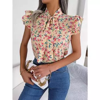 Весенне-летняя повседневная шифоновая рубашка с цветочным принтом и деревянными ушками S синий