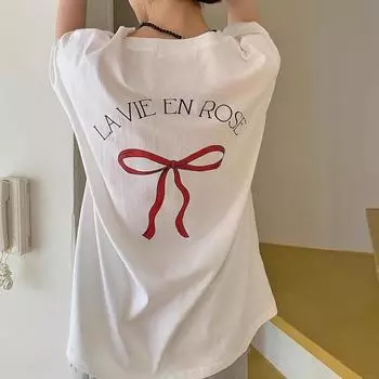 Весенне-летняя повседневная свободная женская футболка с коротким рукавом с принтом сзади и бантом One Size серый