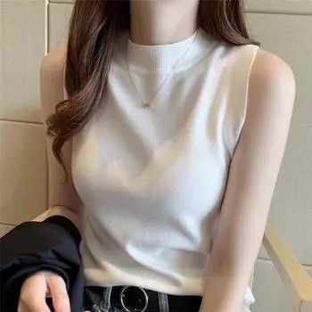 Весенне-летняя повседневная трикотажная футболка Ice Silk для женщин, модные однотонные футболки без рукавов, женские элегантные облегающие футболки с круглым вырезом 26221 One size белый