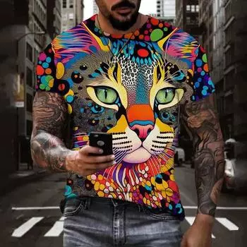 Весенне-летняя повседневная забавная мужская футболка с коротким рукавом с 3D принтом кошачьей головы Harajuku с животным принтом, мужской топ с круглым воротником, свободная мода S