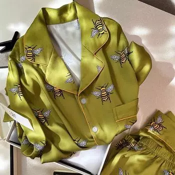 «Весенне-летняя роскошная пижама из ледяного шелка с длинными рукавами и принтом пчелы — женский комплект из двух предметов» M (Recommended 80-100 lbs)