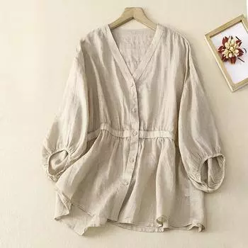 Весенне-летняя рубашка из хлопка и льна с v-образным вырезом на талии и рукавами с пятью точками. Женская свободная и тонкая универсальная блузка из хлопка и льна. Тенденция XXL синий