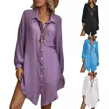 Весенне-летняя рубашка из хлопка и льна, бамбуковая тонкая блузка, однотонный однобортный топ с карманами и длинными рукавами для женщин XXL белый